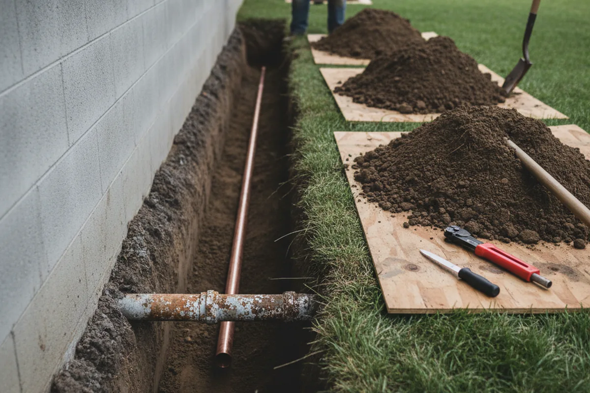 Excavated water line trench during Sewer Line Repair in Sharon